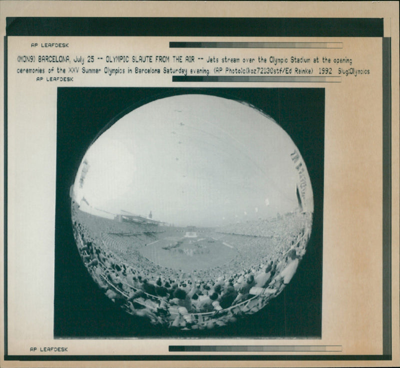 1992 SUMMER PARTY JETS STREAM OVER OLYMPIC STADIUM OPENING CEREMONIES - Vintage Photograph