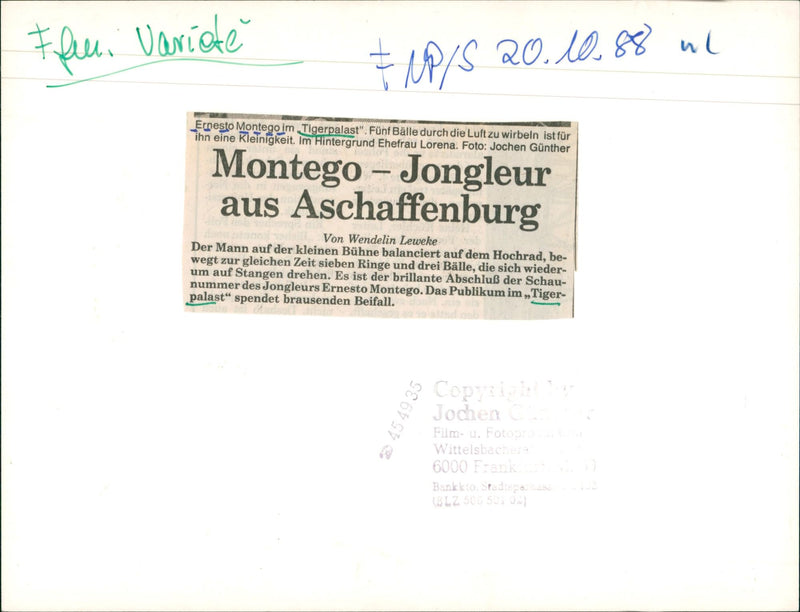1988 VARIE TIGERPALAS ERNESTO MONTEGO JUGGLER ASCHAFFE FILM - Vintage Photograph