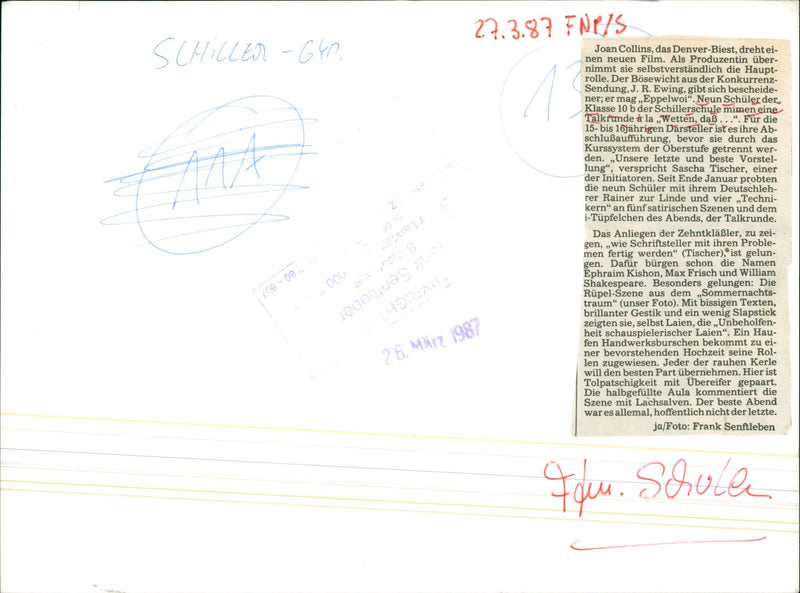 1987 VARIETE SCHULER SCHOOLS SHEAT SCHAUSPIELSCHULE WERNER SCHURING FILM JOAN - Vintage Photograph