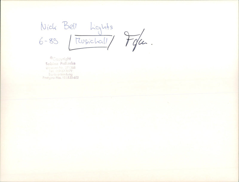 1989 MUSIC BELL LIGHTS RUSICHALL FLEN SABINE PALLASKA ROGERS - Vintage Photograph