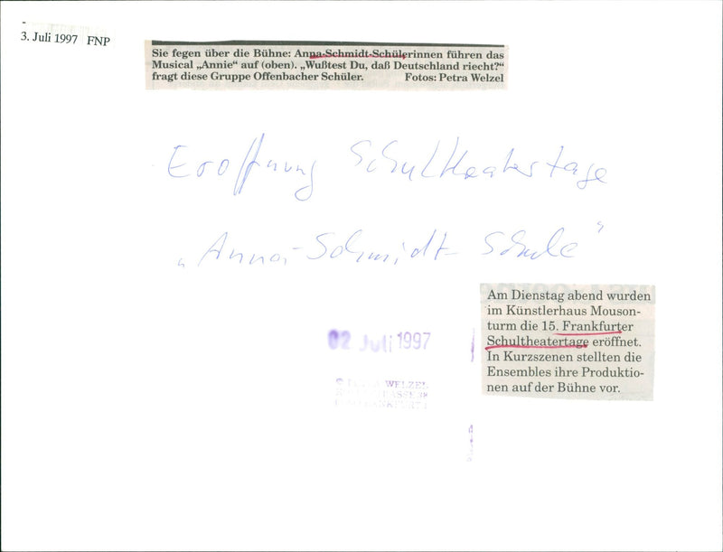 1997 SCHOOLS ANPA SCHMIDT SCHOOLWOMEN TAKES MUSICAL ANNIE - Vintage Photograph