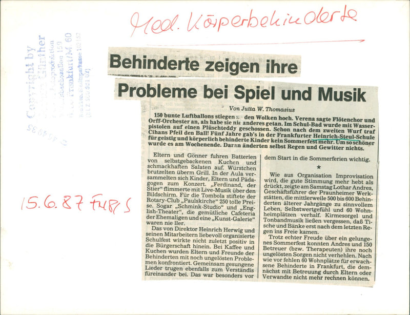 1987 ULEN HEINRICH STEUL DISABLED THEIR PROBLEMS PLAY AND MUSIC FOOT - Vintage Photograph
