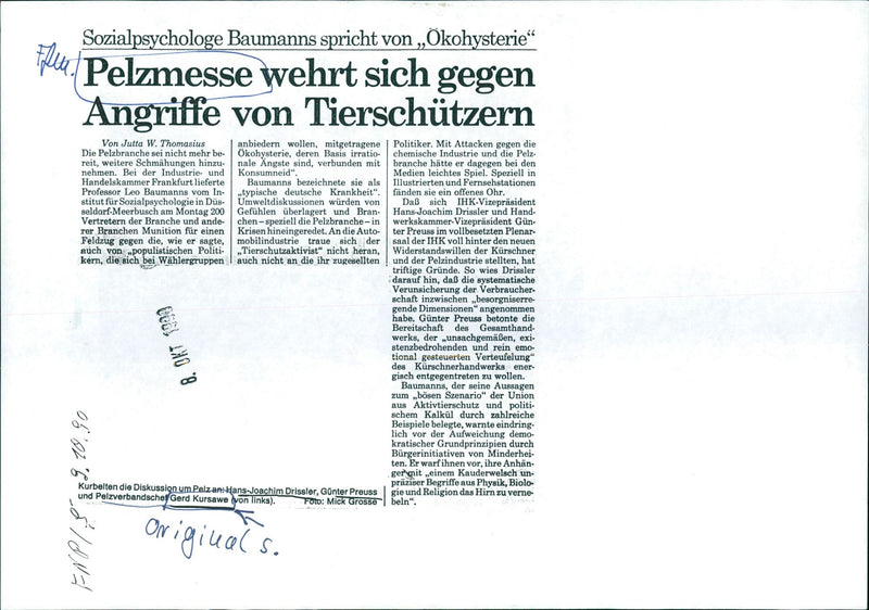 1990 FOGUE TESTS PELZUESSE CONTINUE FASHION SOCIAL PSYCHOLOGIST BAUMANNS SPE MICK - Vintage Photograph