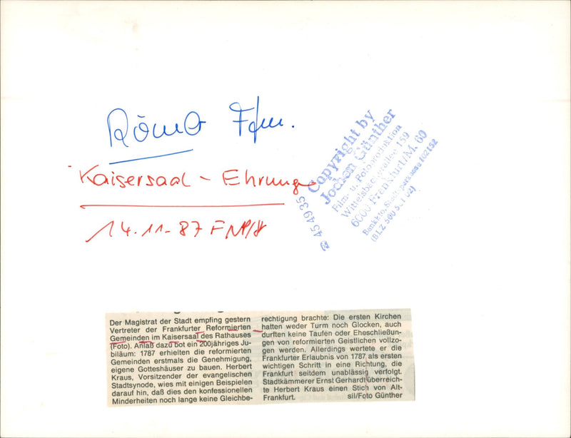 EMPLANGE HALL HALL CHURCHES REPRESENTATIVES FRANKFURT FILM - Vintage Photograph