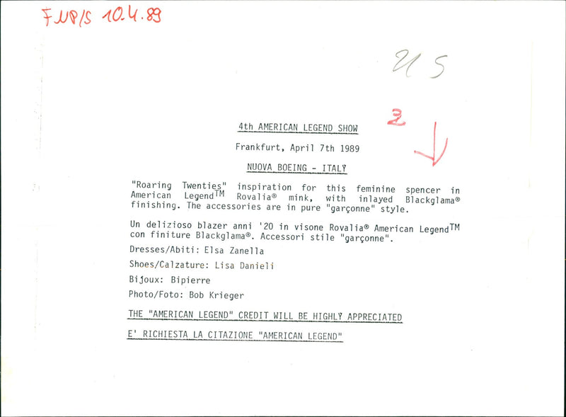 1989 FOGUE TESTS PELZUESSE CONTINUE FASHION SPENCER AMERICAN LEGEN ITALY STYLE - Vintage Photograph