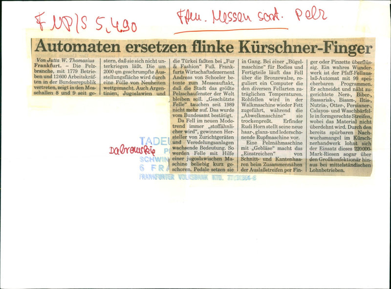 1989 FOGUE TESTS PELZUESSE CONTINUE FUR FASHION PFAFF UPIS FFEN FAIRS - Vintage Photograph