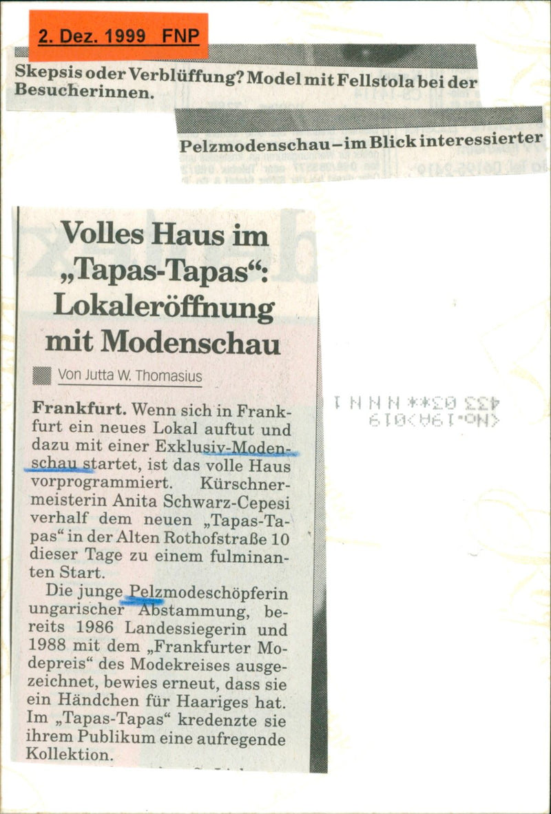 1999 FASHION SCHANEN MODE KURSCHNER MOSTLY ANITA SCHWARZ CEPESI HELPED NEW MODEL - Vintage Photograph