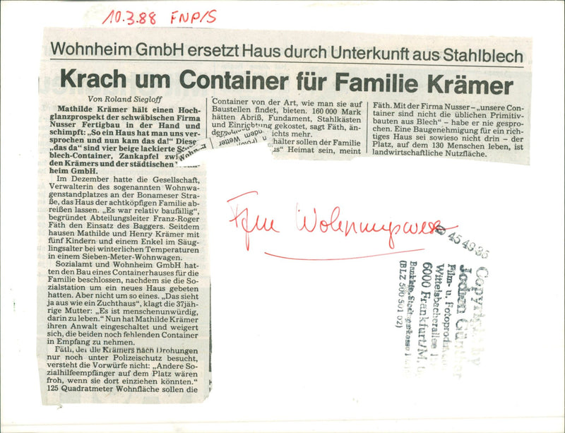 1988 FLAT RATE WOHNHEIM GMBH HAS DECIDED CONSTRUCTION CONTA FILM JOHN - Vintage Photograph