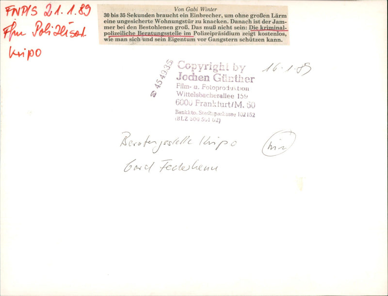 1989 POLICE CONSULTATIONS THEK FRANKFURT WITHOUT AMONG WITT FILM - Vintage Photograph