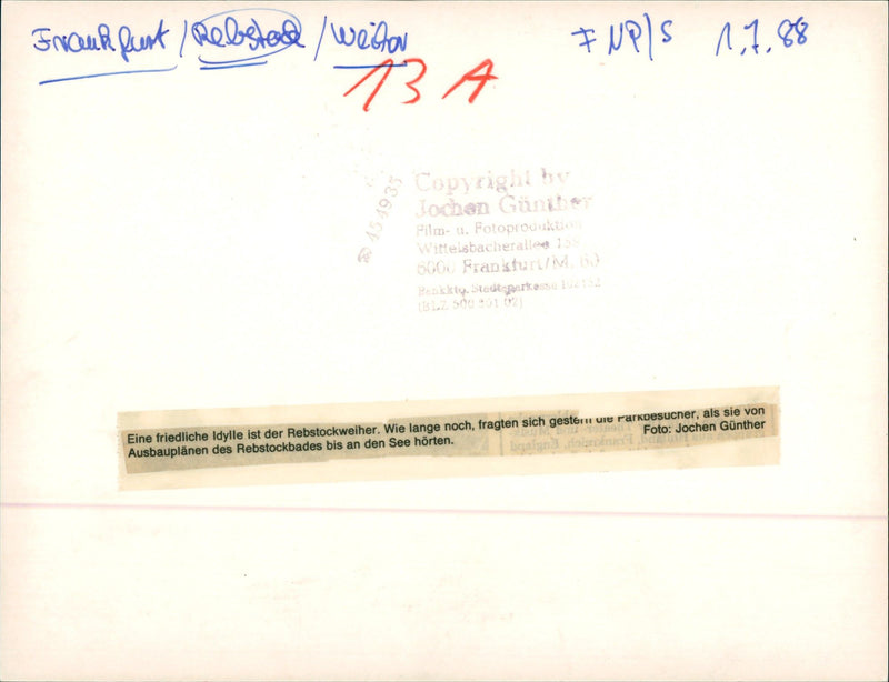 FRANKFURT WHEN REBSTOCK WITTELSBACHERALLEE PLANS IDYLL THEMSELVES FILM - Vintage Photograph