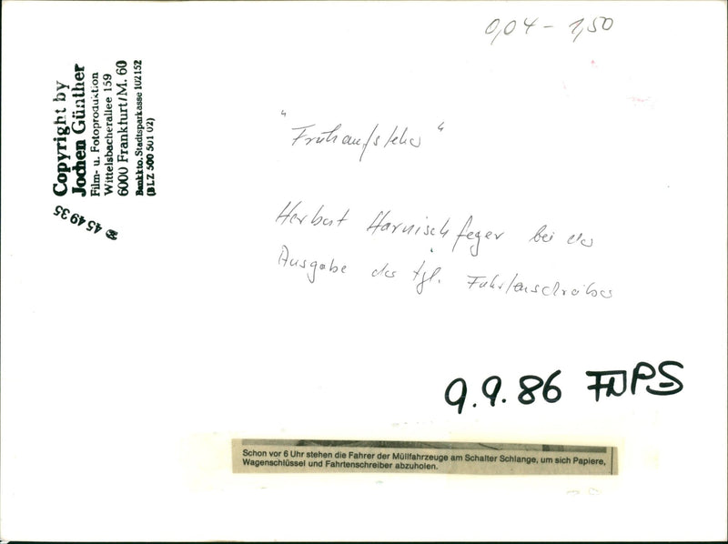 1986 ULLMANNER UWAGEN RAENREINIGUNG CARABO PICK FRANKFURT FILM - Vintage Photograph