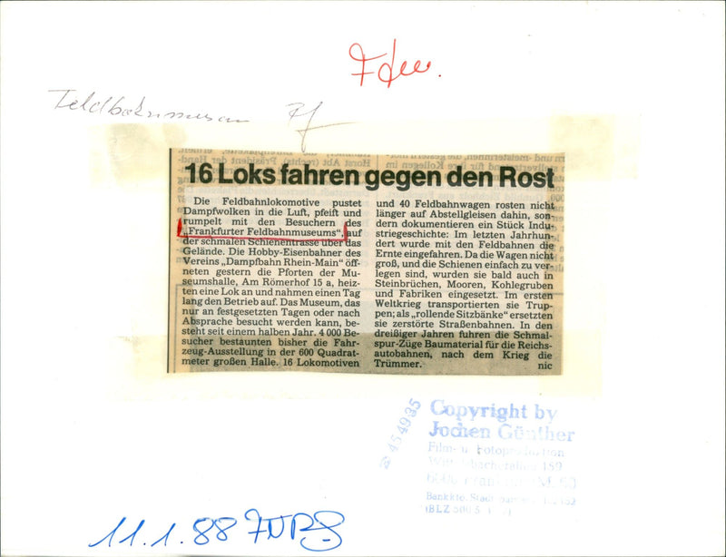 1988 MUSEUMS FELDBERUMUSEUM HIST RAILWAY DERT MIS FRANKFURTER WHICH FILM - Vintage Photograph