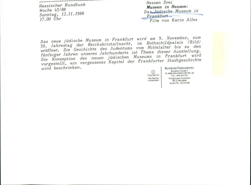 1988 MUSEUMS MULLISCHES NEW JEWISH MUSEUM FRANKFURT OPENED NOVE FILM - Vintage Photograph