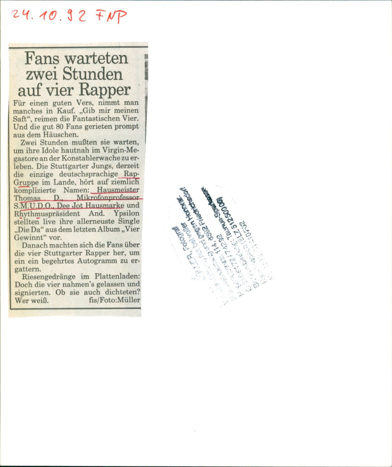 1992 LUSIC MUSIC LOCATION THERE FANTASTIC FOUR CURRENTLY ONLY GERMA - Vintage Photograph