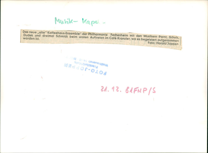 LUSIC LOCATION THERE MUSIC CHAPEL NEW OLD COFFEE HOUSE ENSEMBLE OF THE PHI - Vintage Photograph