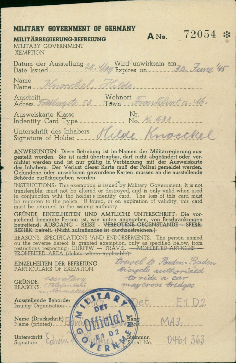 LTKRIEG VERSCH THIS EXEMPTION HAS BEEN ISSUED BEHAL MILITARY POLICE NAMED - Vintage Photograph