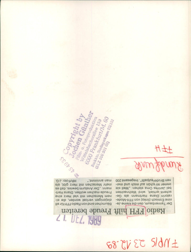 1989 TUUK SENDER HITS VERANSL MAREN RENDERS HACKBART DIANA HARTMA SABINE RIE FILM - Vintage Photograph