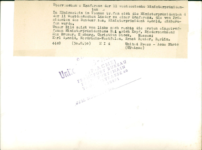 Heinrich Kopf, Max Brauer, Christian Stock, Karl Arnold and Ernst Reuter - Vintage Photograph