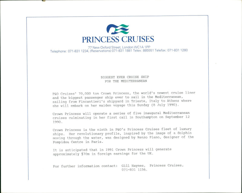 CROWN PRINCESS FINCANTIERI RENZO PIANO GILL HAYNES PARIS SHIP IMAGE LINER - Vintage Photograph