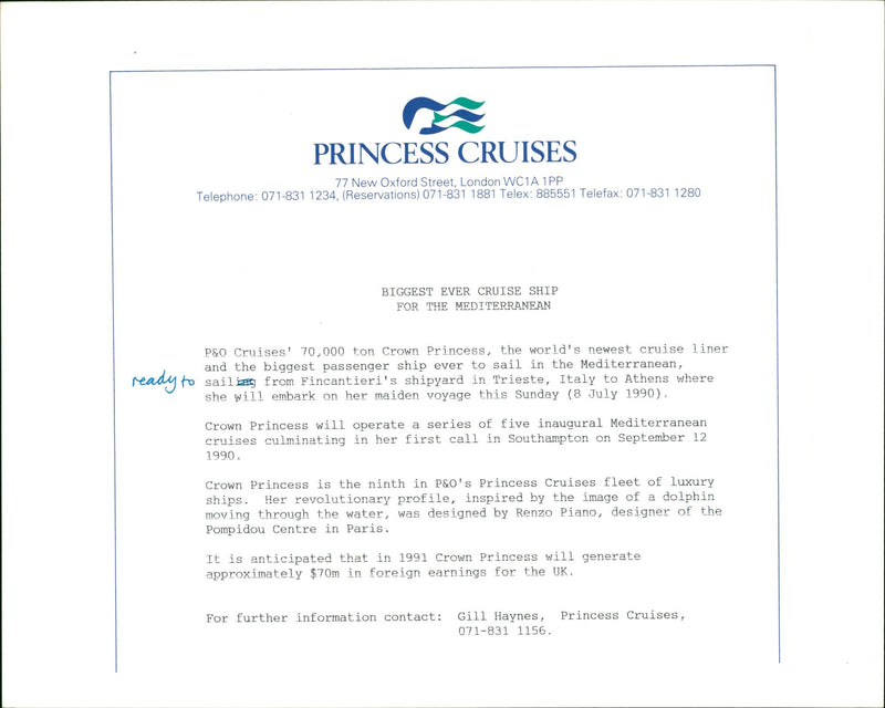 CROWN PRINCESS FINCANTIERI RENZO PIANO GILL HAYNES PARIS SHIP IMAGE LINER - Vintage Photograph