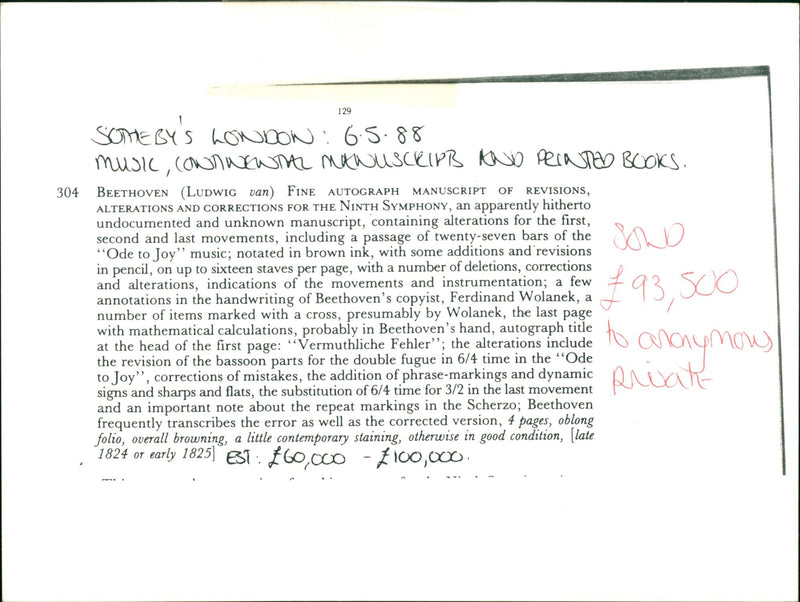 1988 CONTWENTAL MAWUSCRIPB FERDINAND WOLANEK BEETHOVEN UNKNOWN MUSIC SECOND - Vintage Photograph