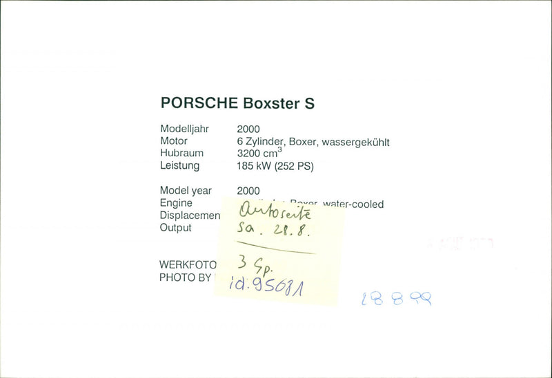 PORSCHE BOXSTER MODEL ENGINE CAPACITY POWER CYLIN BOXER MOTOR - Vintage Photograph