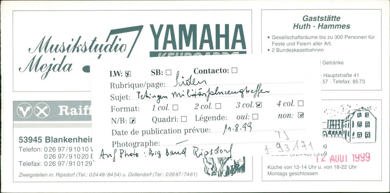 1999 MUSIC STUDIO YAMAHA MEJDA GASTSTATTE HUTH HAMMES SOCIAL SPACE PEO BAND - Vintage Photograph