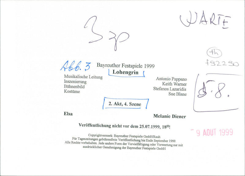 1999 BAYREUTH FESTIVAL LOHENGRIN MUSICAL DIRECTION PRODUCTION BOHNENBILD KOSTOME - Vintage Photograph