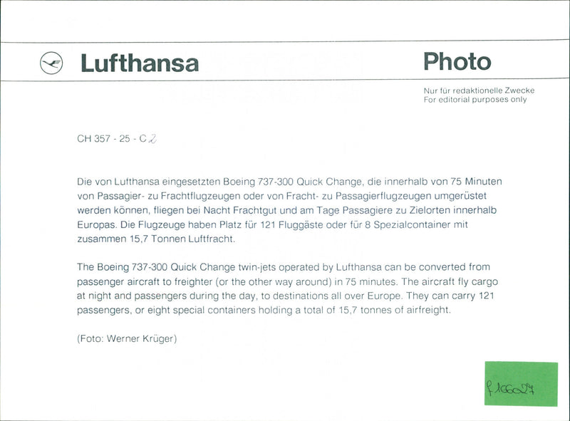 LUFTHANSAS BOEING QUICK CHANGE JETS CAN CONVERTED PASSENGER AIRCRAFT - Vintage Photograph