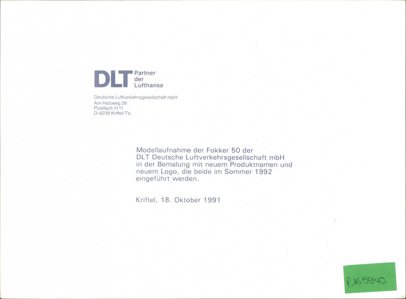 1992 DLT DEUTSCHE LUFTFAHRTGESELLSCHAFT MBH HOLZWEG BOX KRIFTEL MODEL - Vintage Photograph