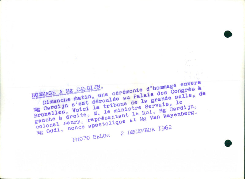 1962 RIGHT APOSTOLIC HOMMAGE MINISTER NUNCIO BRUSSELS CARDIJN TRIBUTE LEFT PALA - Vintage Photograph