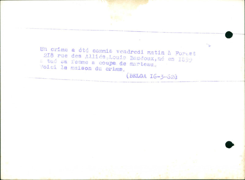 MORNING LOUIS CRIME HAMMER COMMITTED KILLS FRIDAY ALLIES WIFE CUT THIS BEL - Vintage Photograph