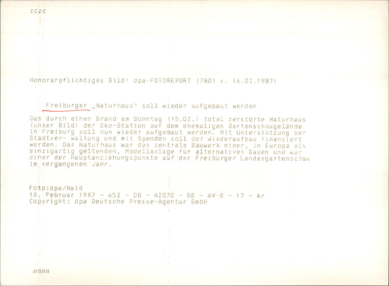 1987 FREIBURGS NATURHAUS REBUILT FIRE NATURE - Vintage Photograph