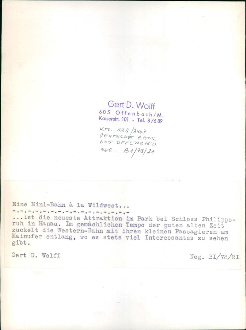 GERT WOLFF OFFENBACH KAISERSTR TEL KTO DEUTSCHE BANK NEG - Vintage Photograph