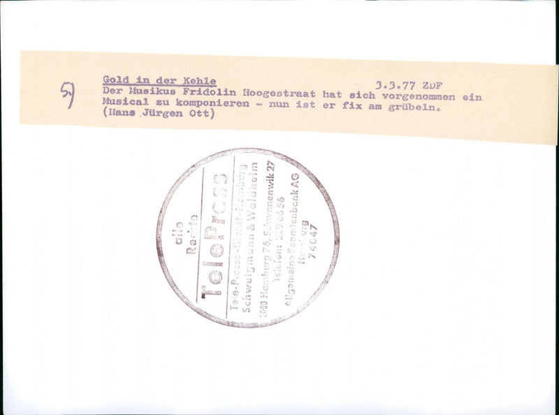 1977 FRIDOLIN HOOGESTRAAT HAS SET OUT COMPOSE MUSICAL NOW - Vintage Photograph