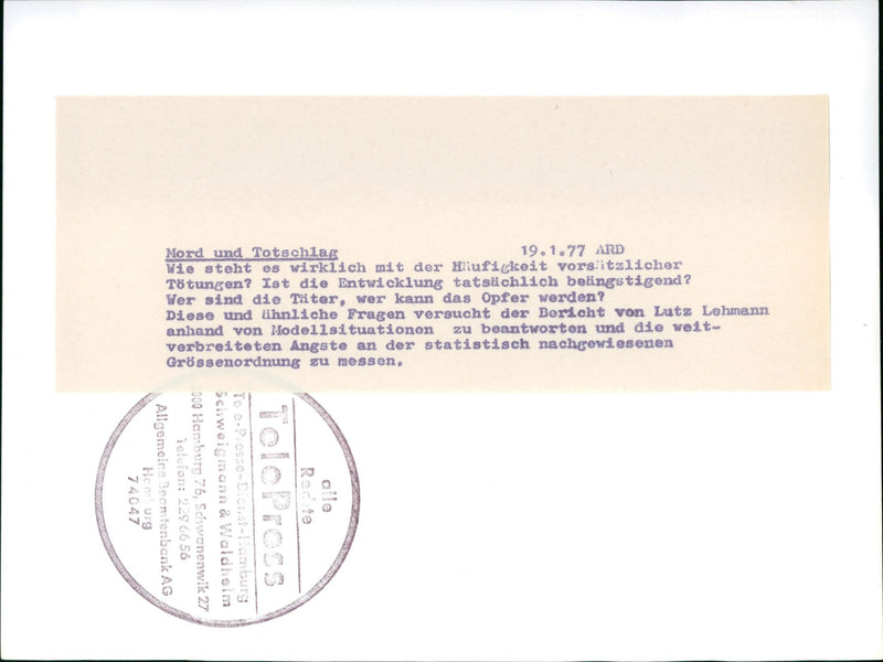 1977 MURDER AND MANSLAUGHTER ARD DEVELOPMENT REALLY ADD - Vintage Photograph