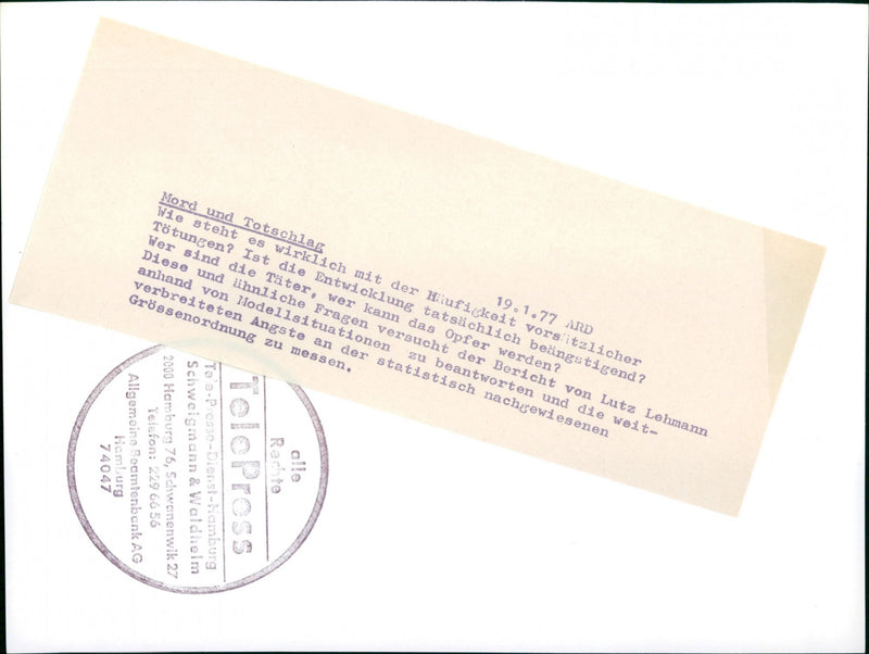 1977 MURDER AND MANSLAUGHTER ARD WHAT REALLY LIKE HAV - Vintage Photograph