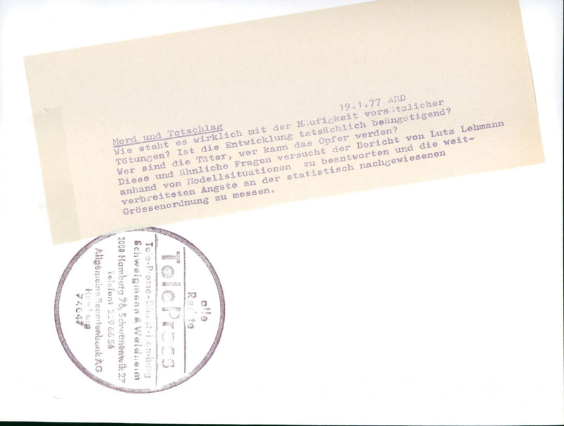 1977 MURDER AND MANSLAUGHTER ARD WHAT REALLY LIKE HAV - Vintage Photograph