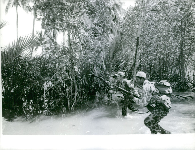 Indonesian Soldiers walking through the river during war. 1962 - Vintage Photograph