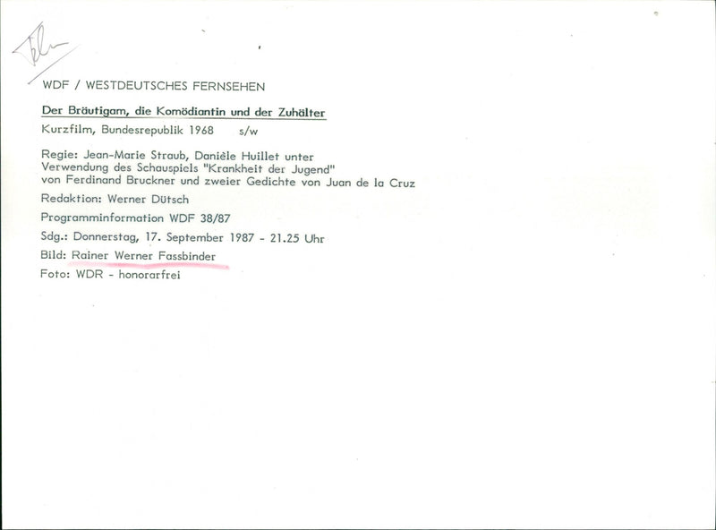 Rainer Werner Fassbinder -  Der Bräutigam, die Komödiantin und der Zuhälter - Vintage Photograph