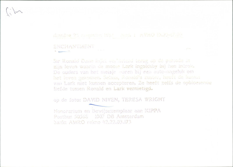 David Niven and Teresa Wright - Vintage Photograph