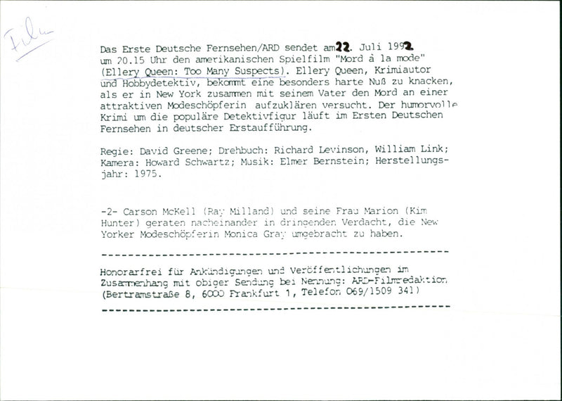 "Ellery Queen" Too Many Suspects - Vintage Photograph