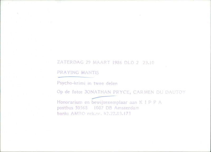 Jonathan Pryce and Carmen Du Sautoy - Praying Mantis - Vintage Photograph