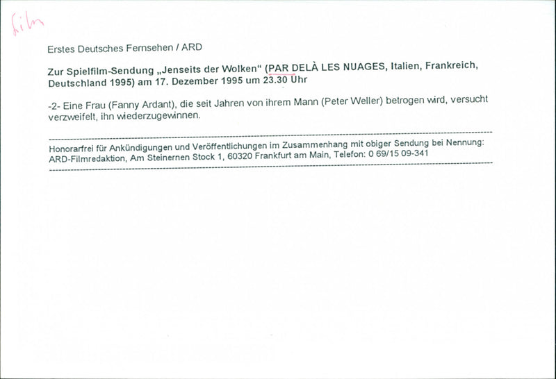 Fanny Ardant and Peter Weller - Par-delà les nuages - Vintage Photograph