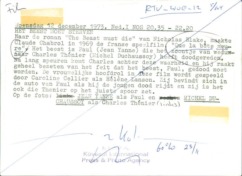 Jean Yanne and Michel Duchaussoy - Que la bête meure - Vintage Photograph