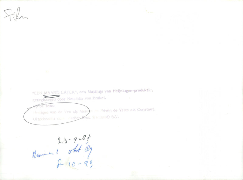 Actresses Monique van de Ven and Edwin de Vries play Monia and Constant in the film "ONE MONTH LATER". - Vintage Photograph