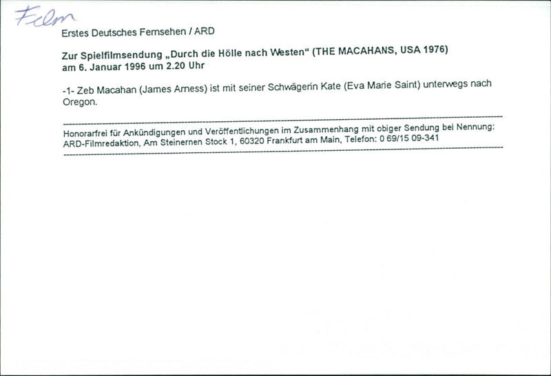 James Arness and Eva Marie Saint star in the 1976 western film, "The Macahans," on German TV on January 6, 1996. - Vintage Photograph