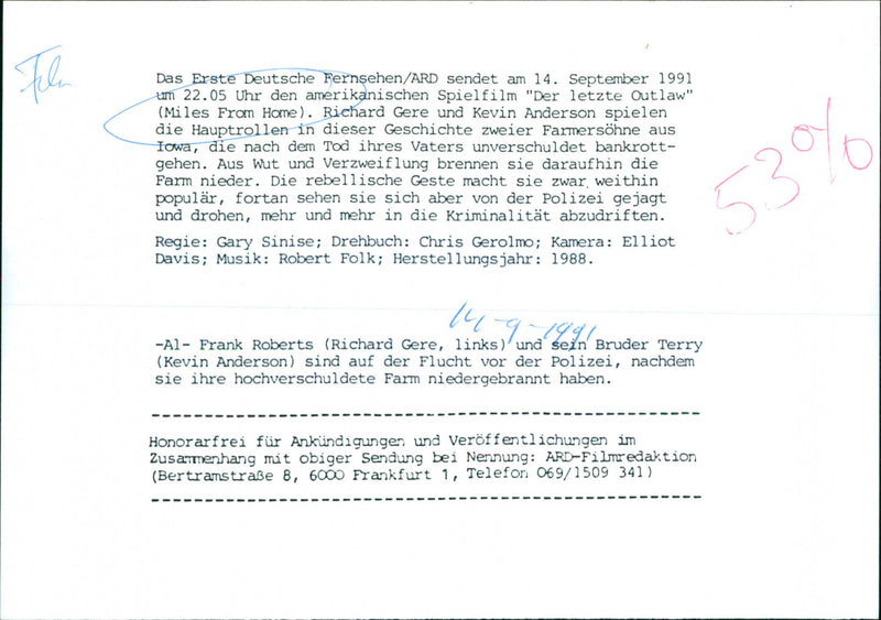 Richard Gere and Kevin Anderson - Miles From Home - Vintage Photograph