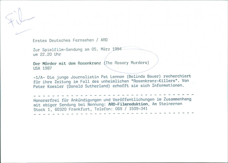 Belinda Bauer and Donald Sutherland - The Rosary Murders - Vintage Photograph