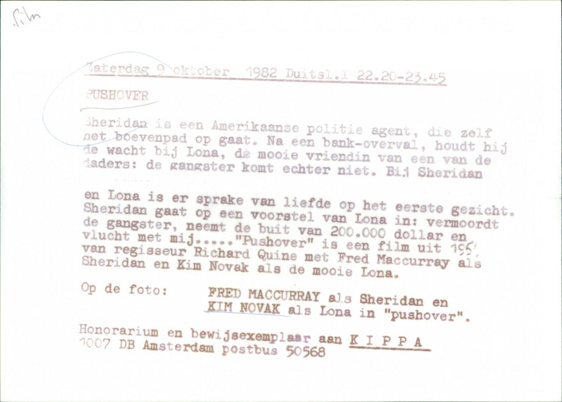 Fred MacMurray and Kim Novak - Pushover - Vintage Photograph